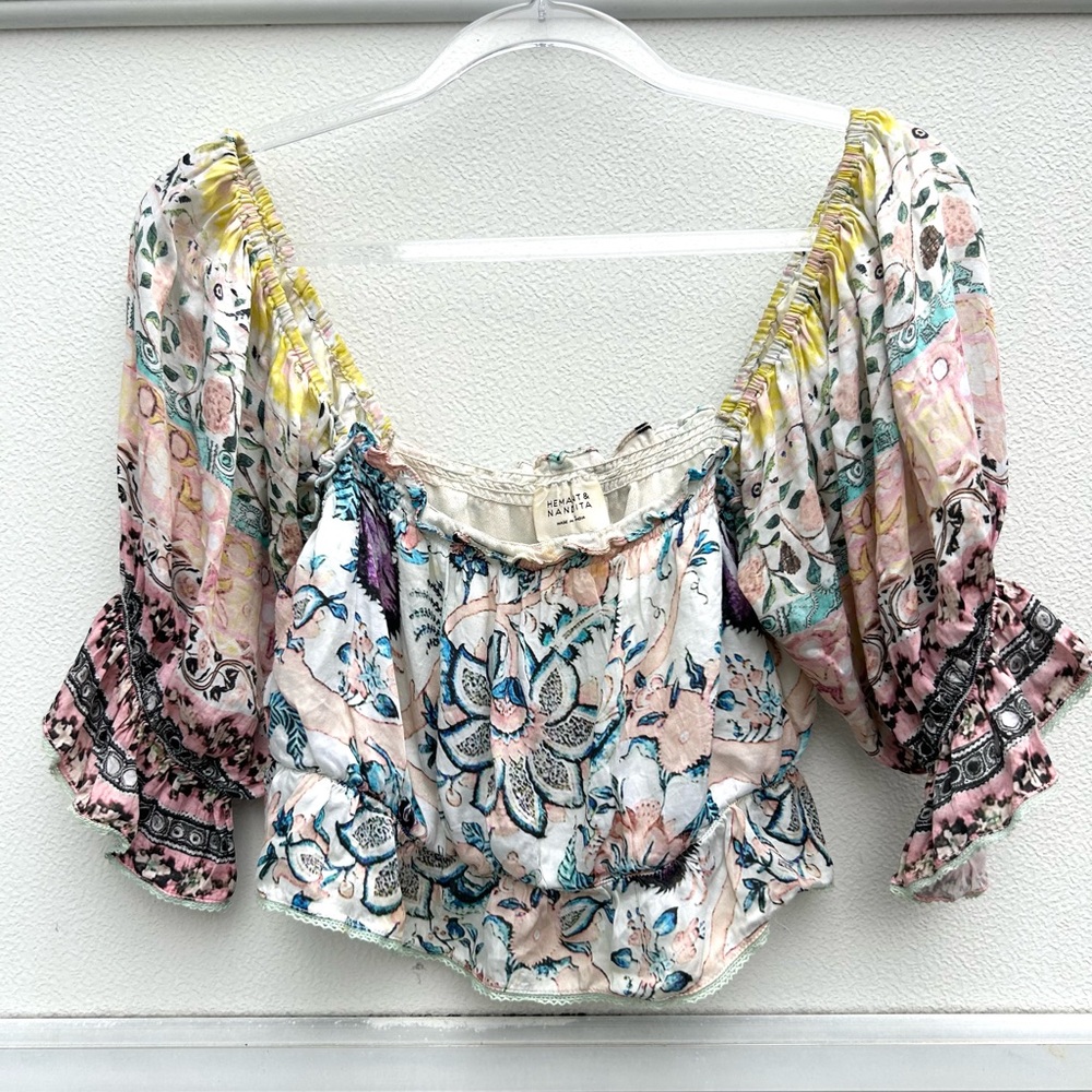 Hemant Nandita Anthropologie Women Floral Boho Top Sz M Cropped Multi Fairy - Picture 7 of 14